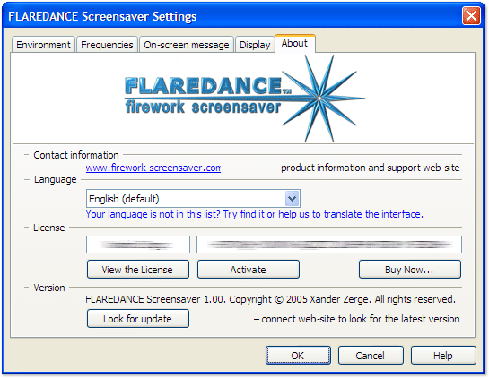 FLAREDANCE Firework Screensaver configuration window screenshot: "About" tab