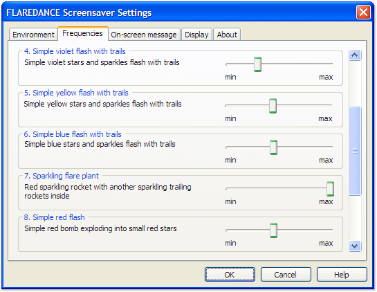 FLAREDANCE Firework Screensaver configuration window screenshot: "Frequencies" tab